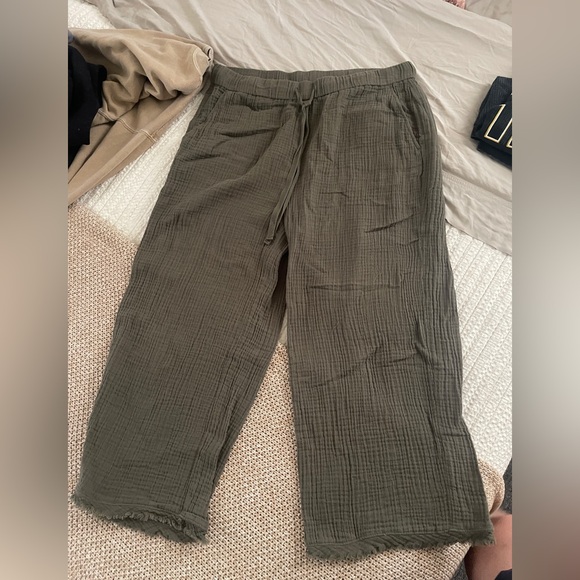 Eileen Fisher Women's Wide Leg Pants Green Olive Organic Cotton Size L - Picture 1 of 11